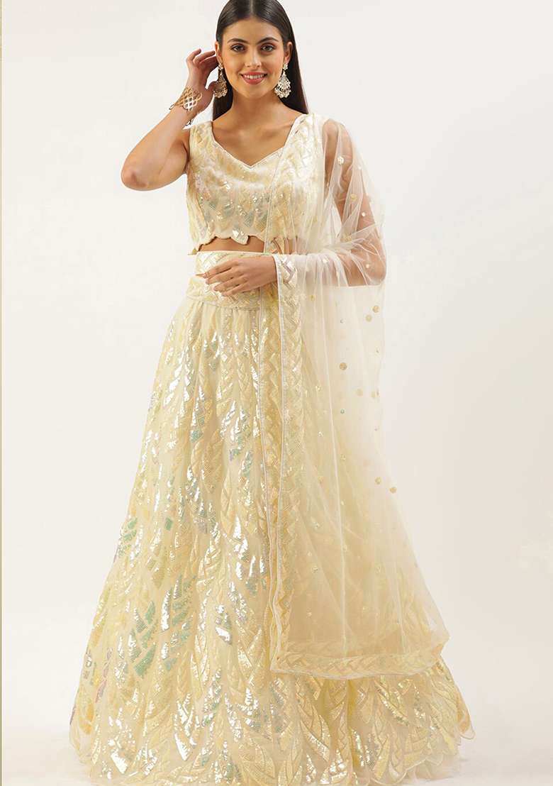 Yellow Net Lehenga Set with Embroidered for Diwali | Wedding & Festive Wear - Indya