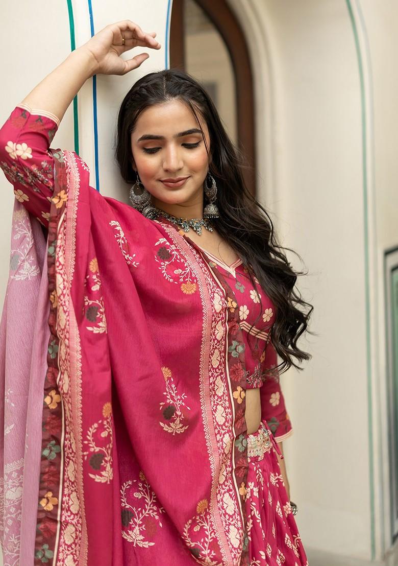 Burgundy Printed Poly Blend Lehenga Set