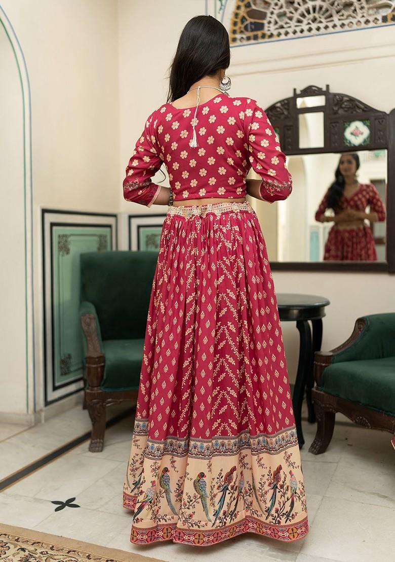 Burgundy Printed Poly Blend Lehenga Set