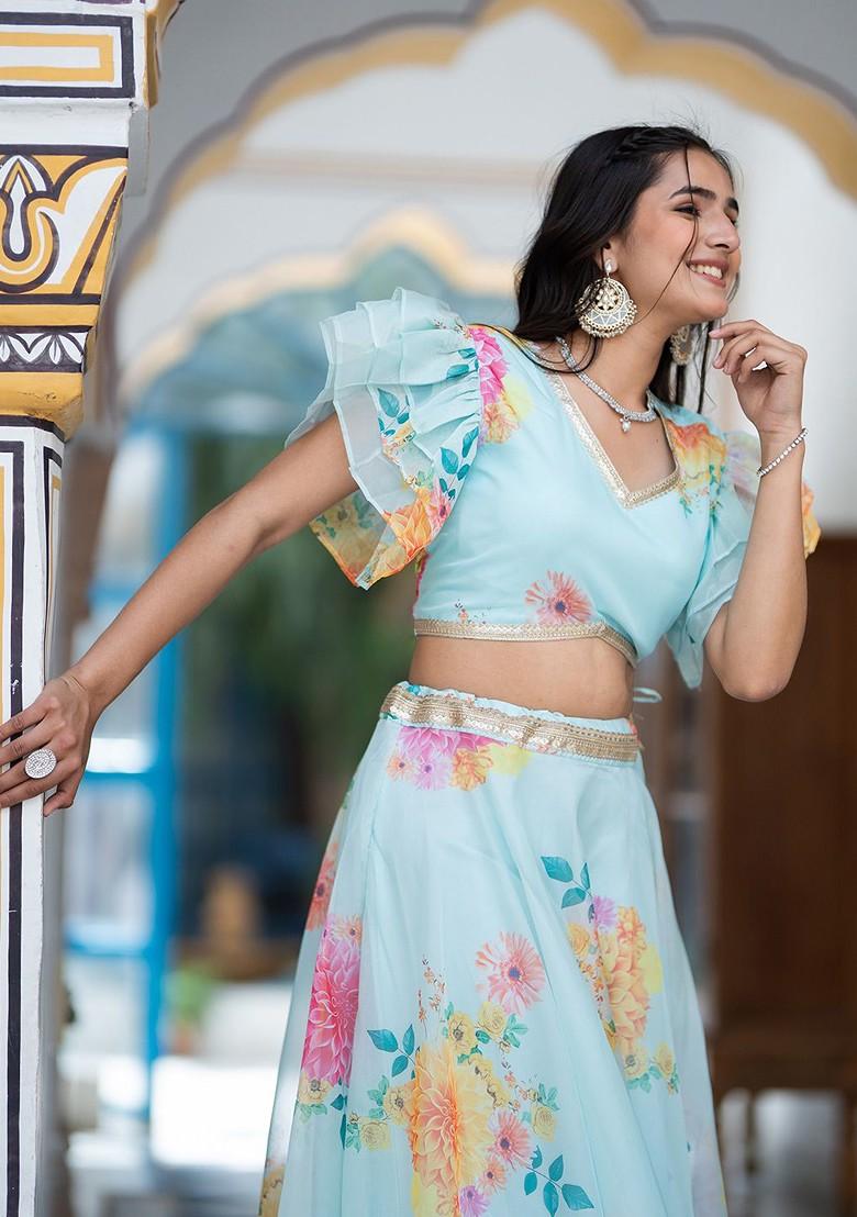 Blue Printed Silk Lehenga Set