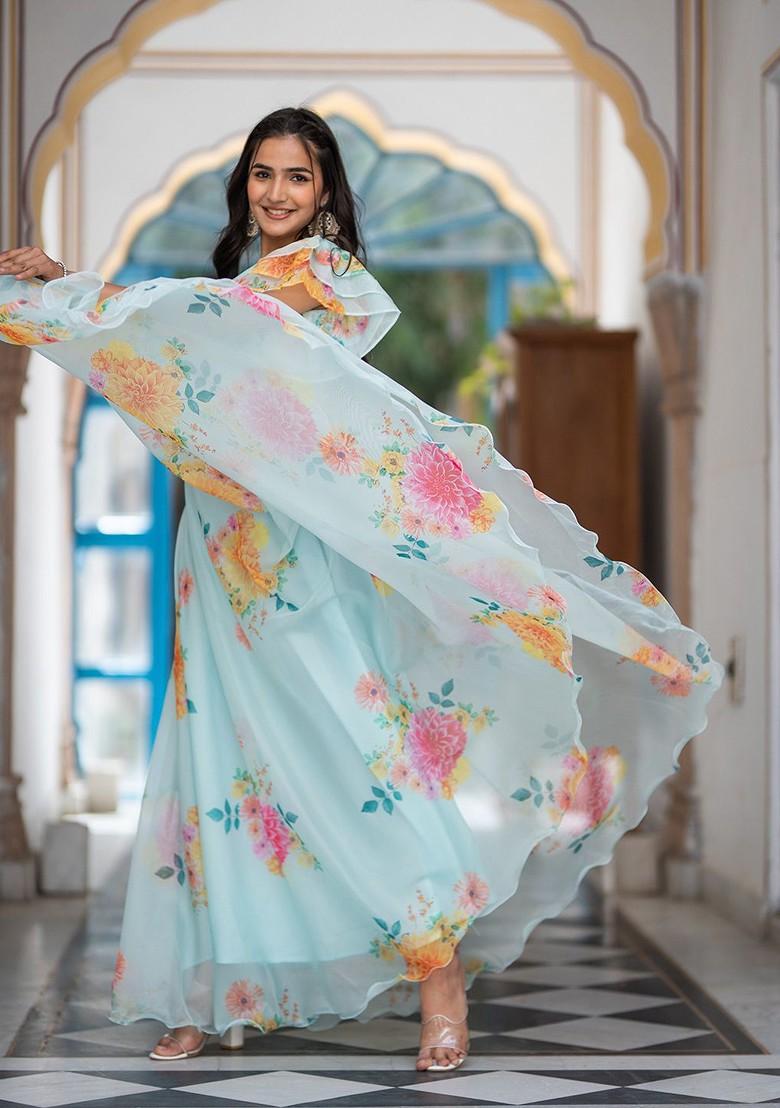 Blue Printed Silk Lehenga Set