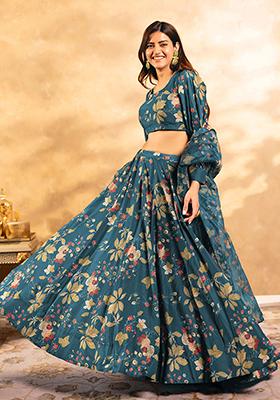 Teal Printed Art Silk Lehenga Set