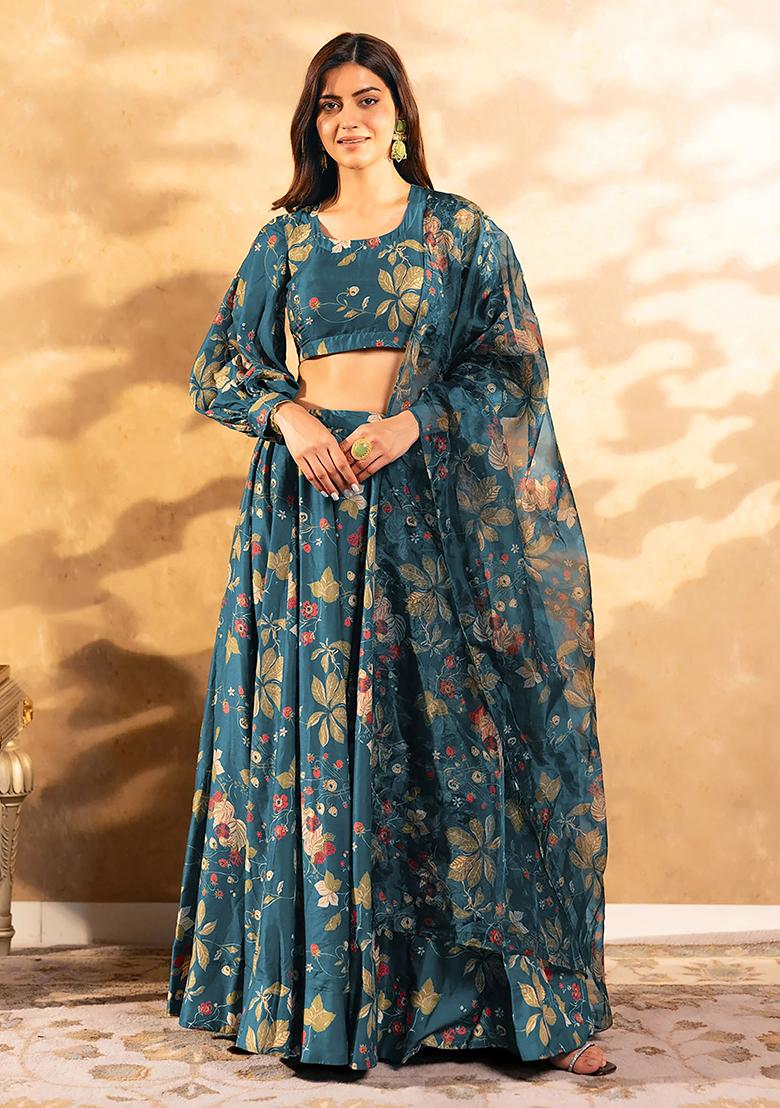 Teal Printed Art Silk Lehenga Set