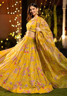 Yellow Printed Art Silk Lehenga Set
