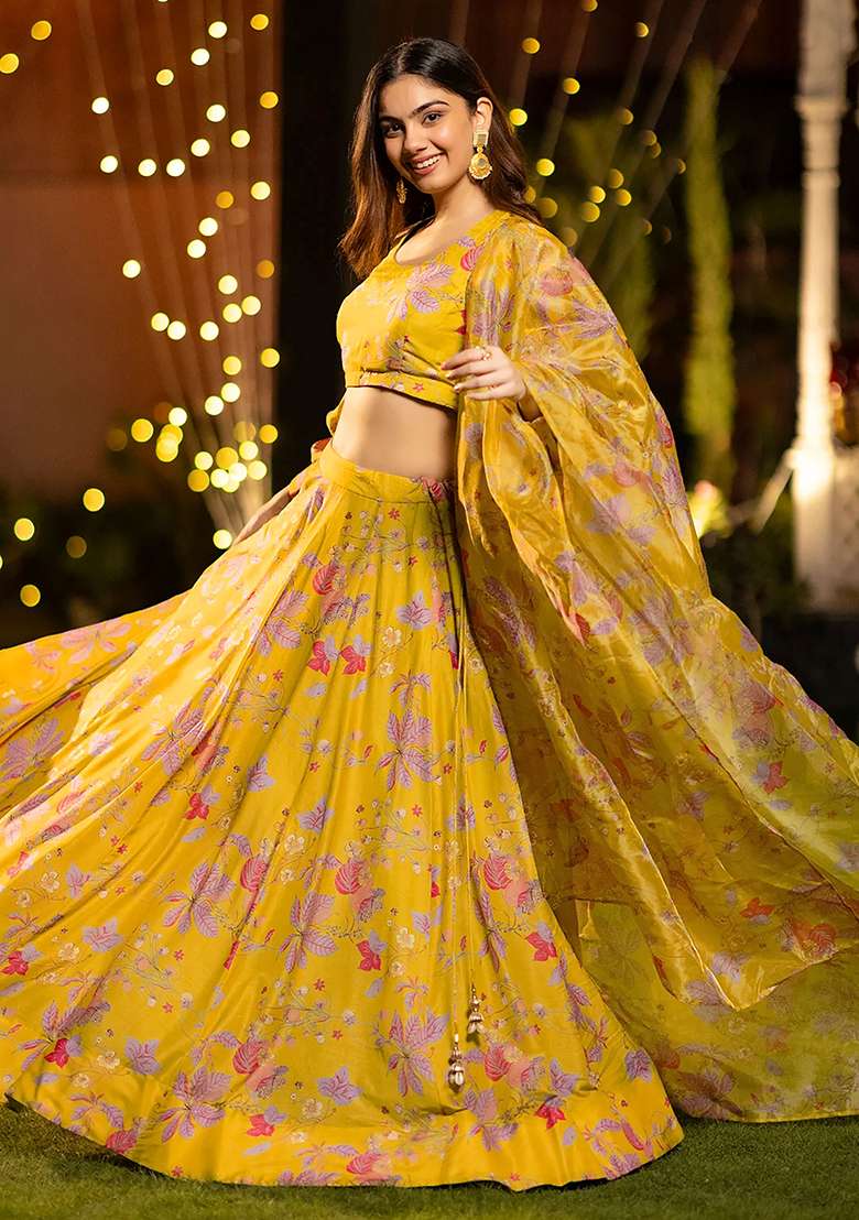 Yellow Printed Art Silk Lehenga Set for Diwali and Festive Wear - Indya