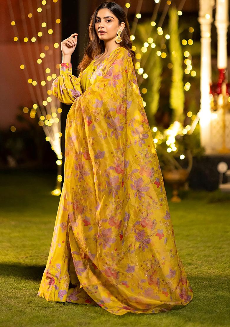Yellow Printed Art Silk Lehenga Set