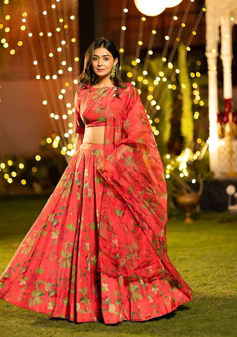 Red Printed Art Silk Lehenga Set for Diwali and Festive Wear - Indya