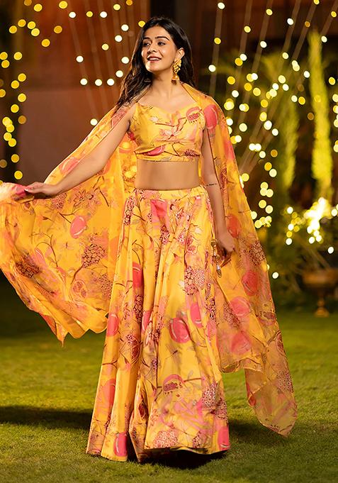 Yellow Printed Art Silk Lehenga Set