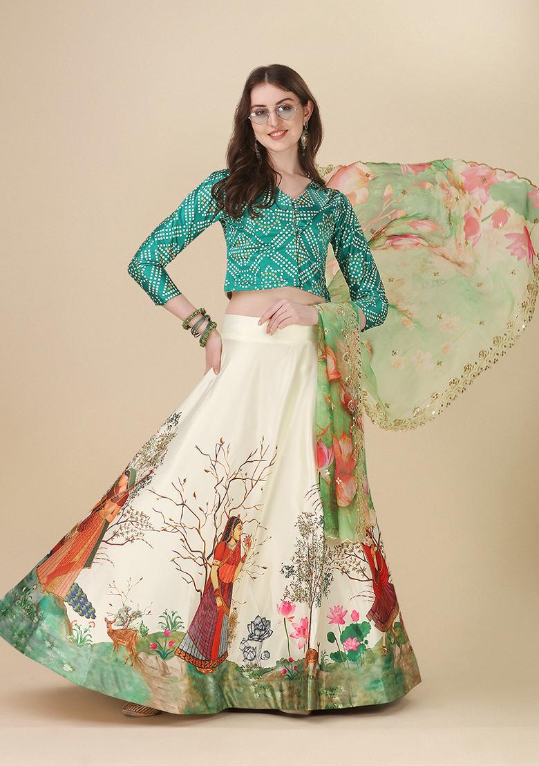Green Printed Art Silk Lehenga Set