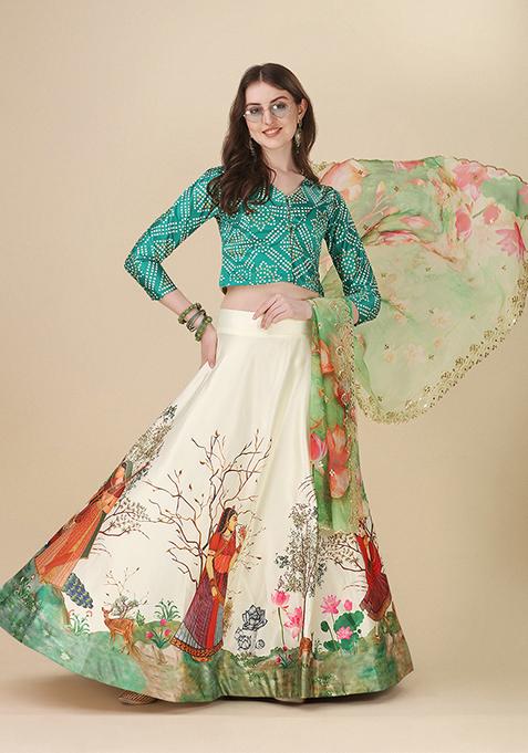 Green Printed Art Silk Lehenga Set