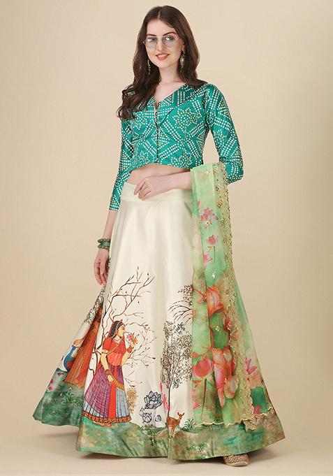 Green Printed Art Silk Lehenga Set