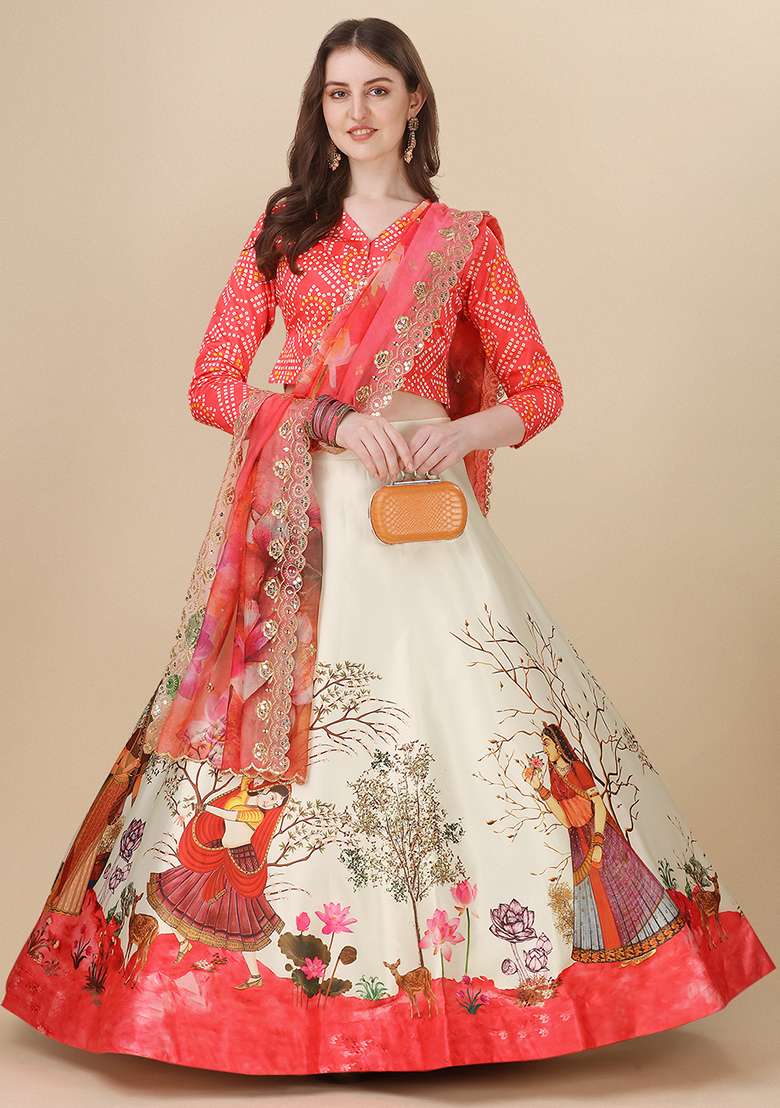 Red Printed Art Silk Lehenga Set - Indya