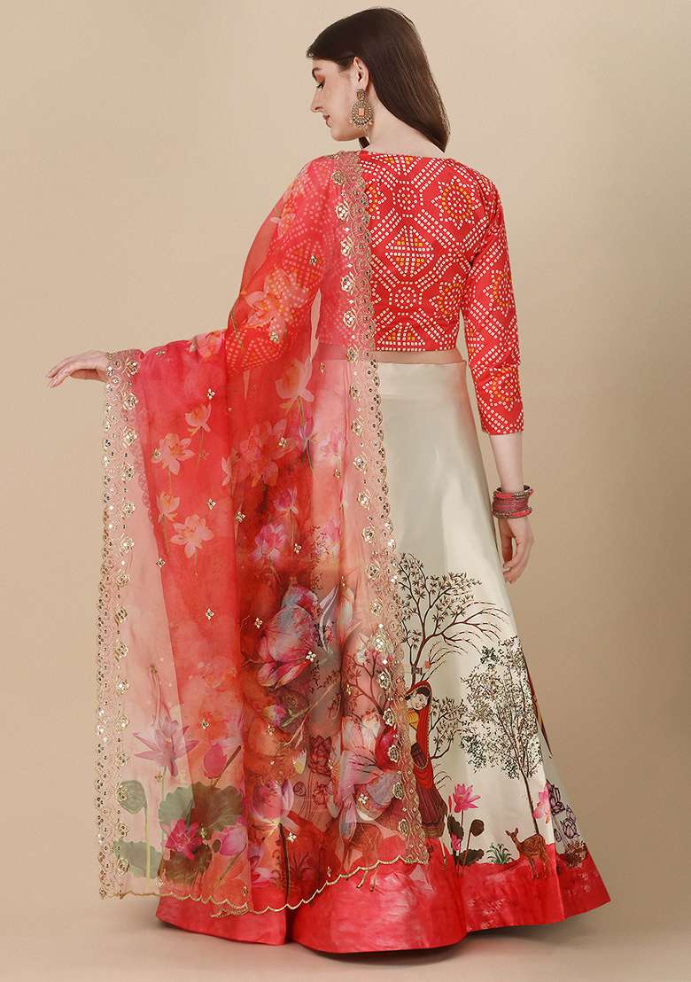 Red Printed Art Silk Lehenga Set - Indya