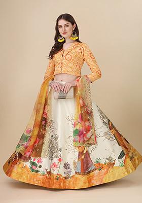 Yellow Printed Art Silk Lehenga Set
