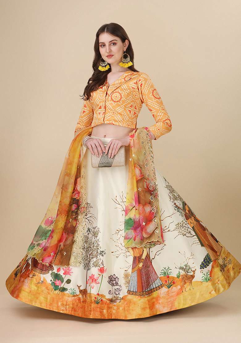 Yellow Printed Art Silk Lehenga Set - Indya