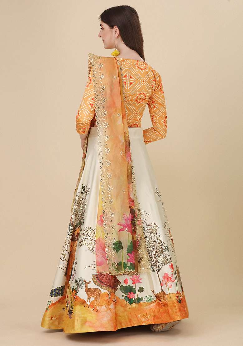 Yellow Printed Art Silk Lehenga Set - Indya