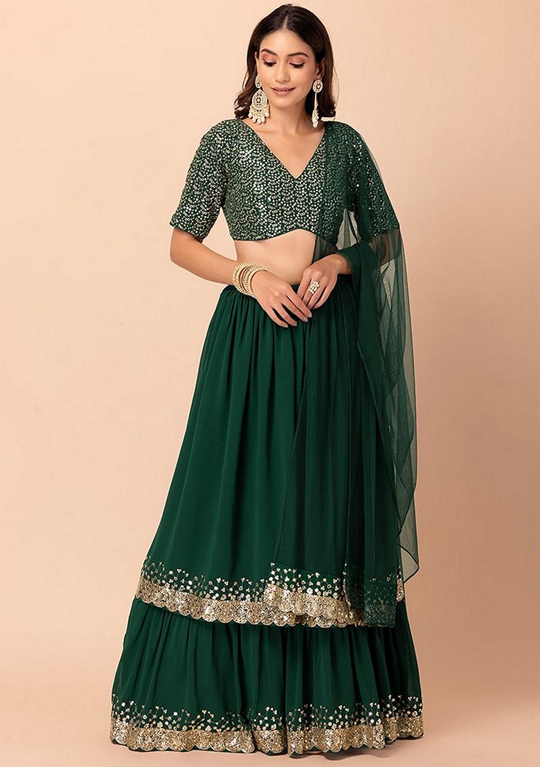 Green Embroidered Georgette Lehenga Set
