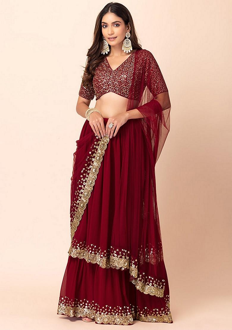 Red Embroidered Georgette Lehenga Set
