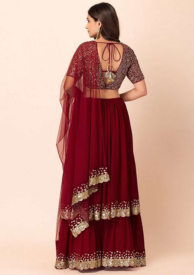 Red Georgette Lehenga Set with Embroidered for Diwali | Wedding & Festive Wear - Indya