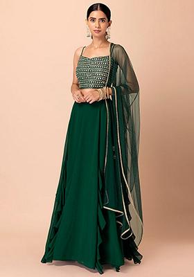Green Printed Georgette Lehenga Set