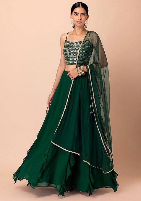 Green Printed Georgette Lehenga Set