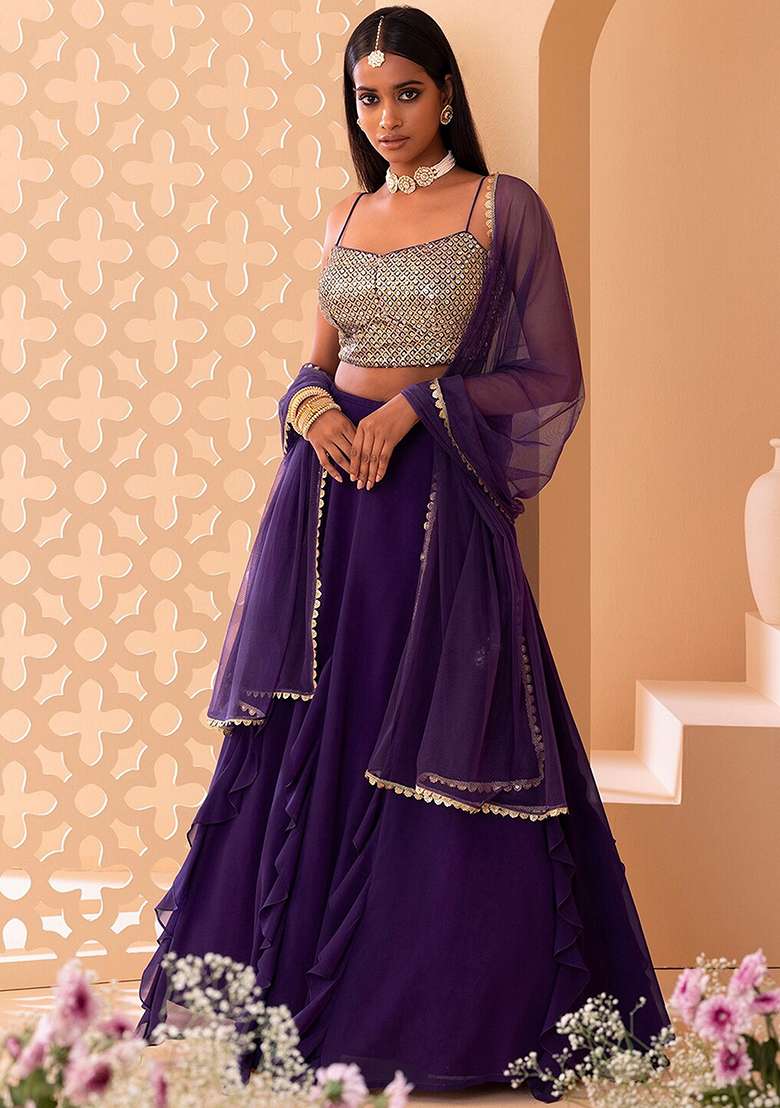 Purple Printed Georgette Lehenga Set for Diwali and Festive Wear - Indya