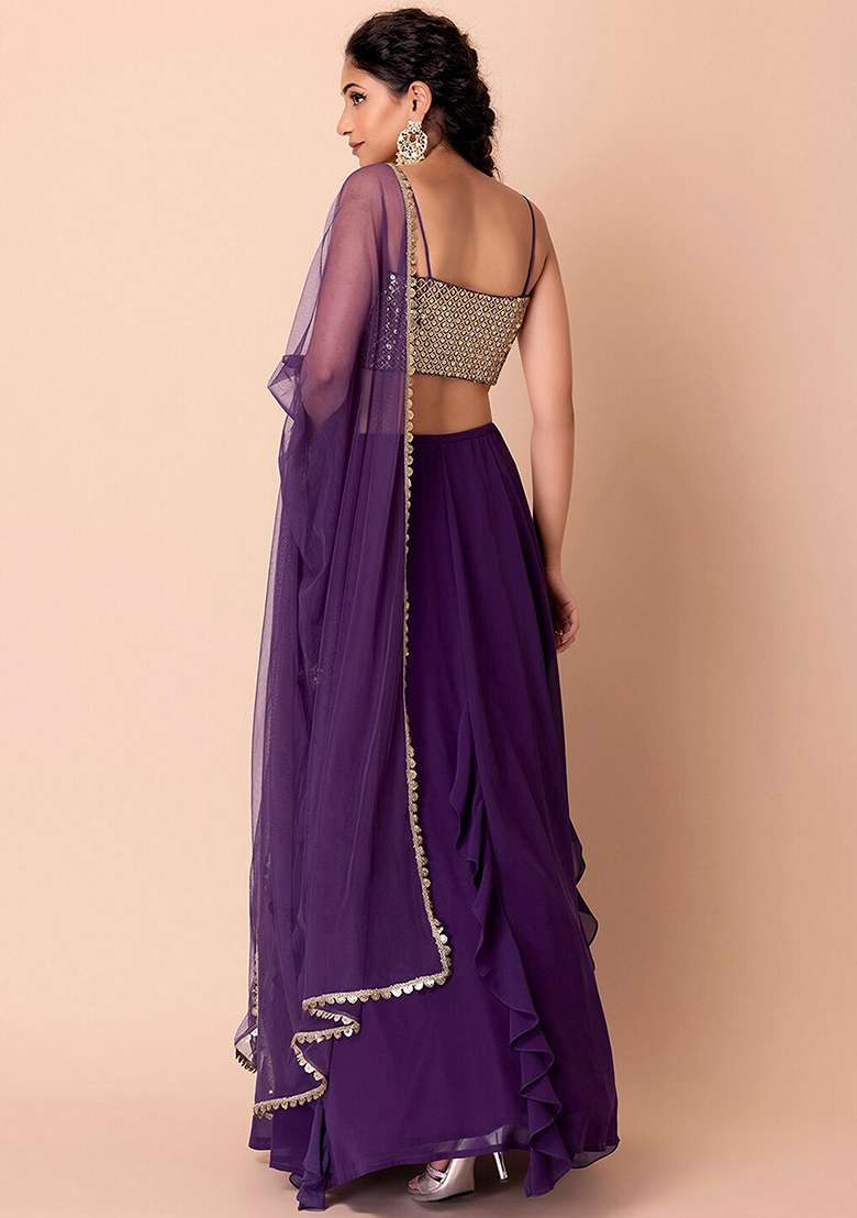 Purple Printed Georgette Lehenga Set for Diwali and Festive Wear - Indya