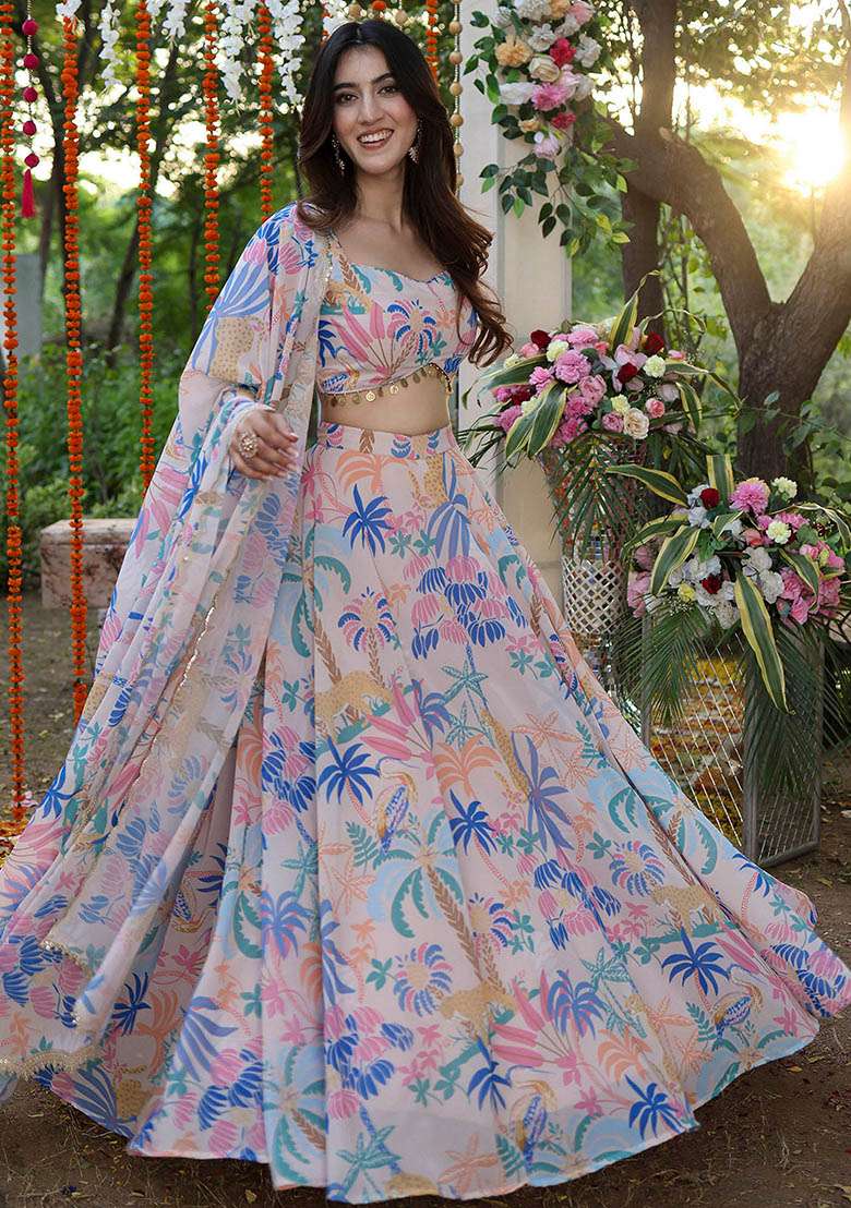 Pink Printed Georgette Lehenga Set - Indya