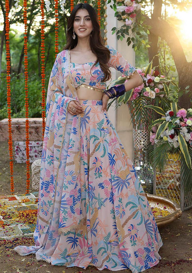 Pink Printed Georgette Lehenga Set