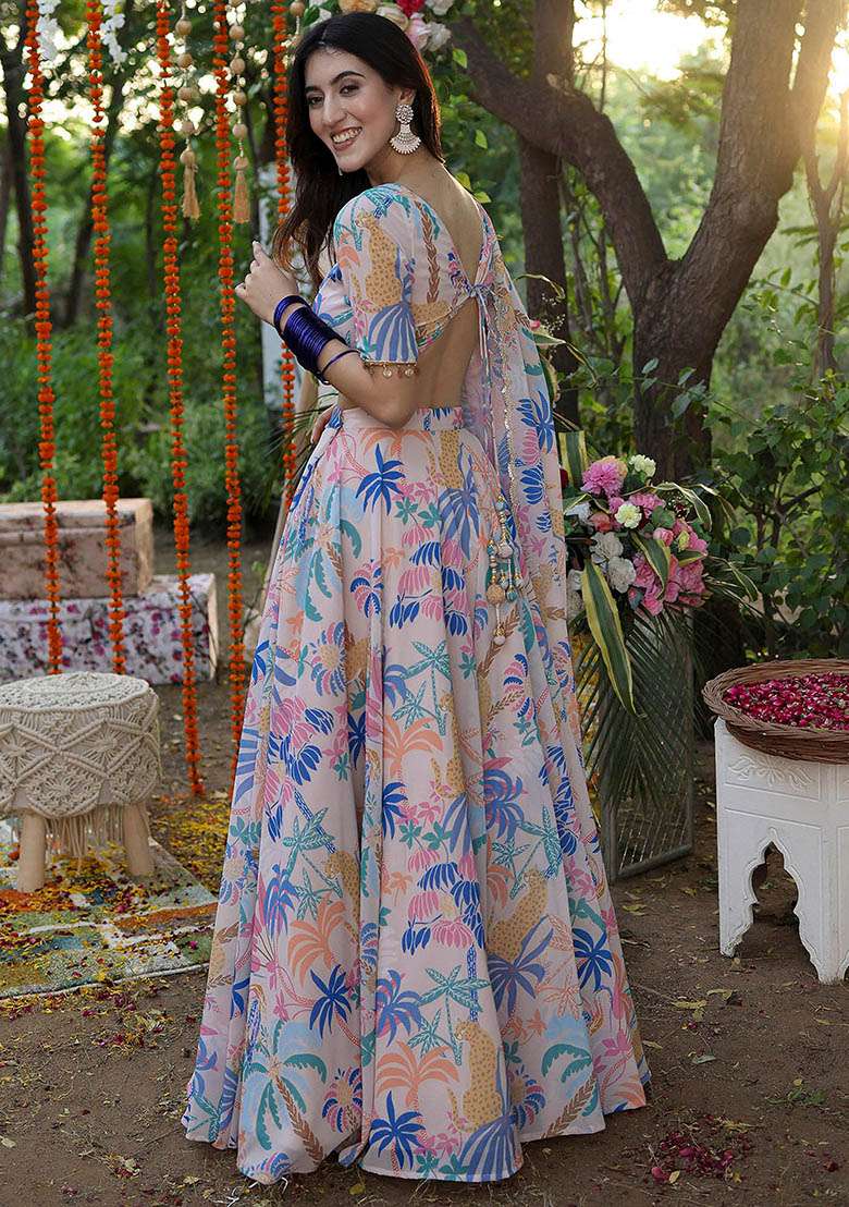 Pink Printed Georgette Lehenga Set - Indya