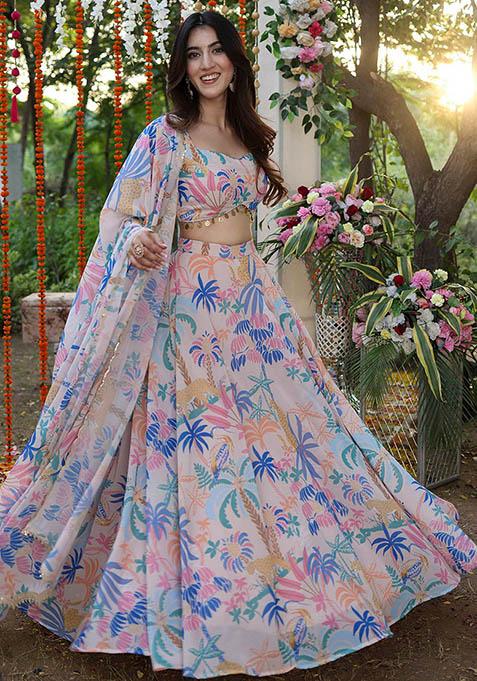 Pink Printed Georgette Lehenga Set