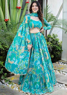Blue Printed Georgette Lehenga Set