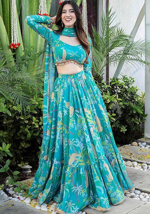 Blue Printed Georgette Lehenga Set