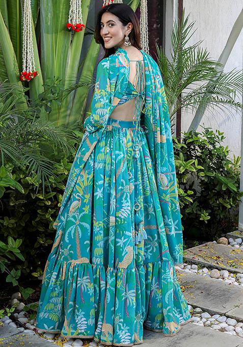Blue Printed Georgette Lehenga Set
