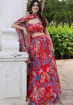 Red Printed Georgette Lehenga Set