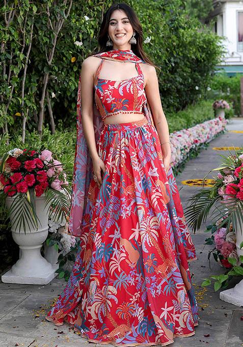Red Printed Georgette Lehenga Set