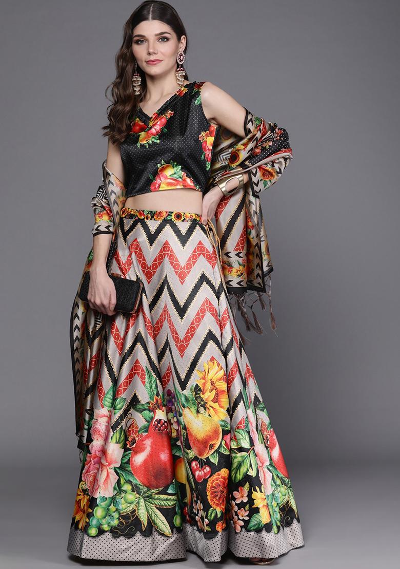 Off White Printed Art Silk Lehenga Set