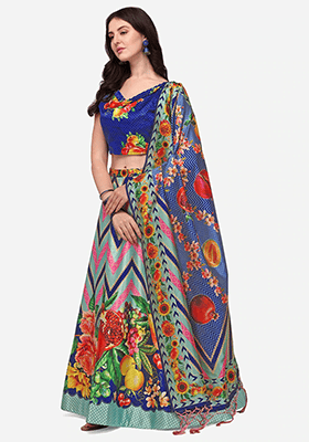 Sky Blue Printed Art Silk Lehenga Set