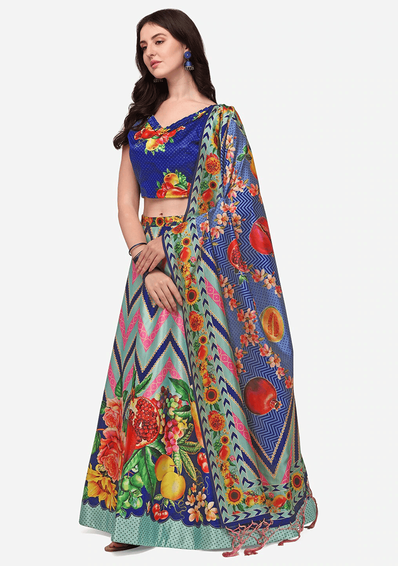 Sky Blue Printed Art Silk Lehenga Set - Indya