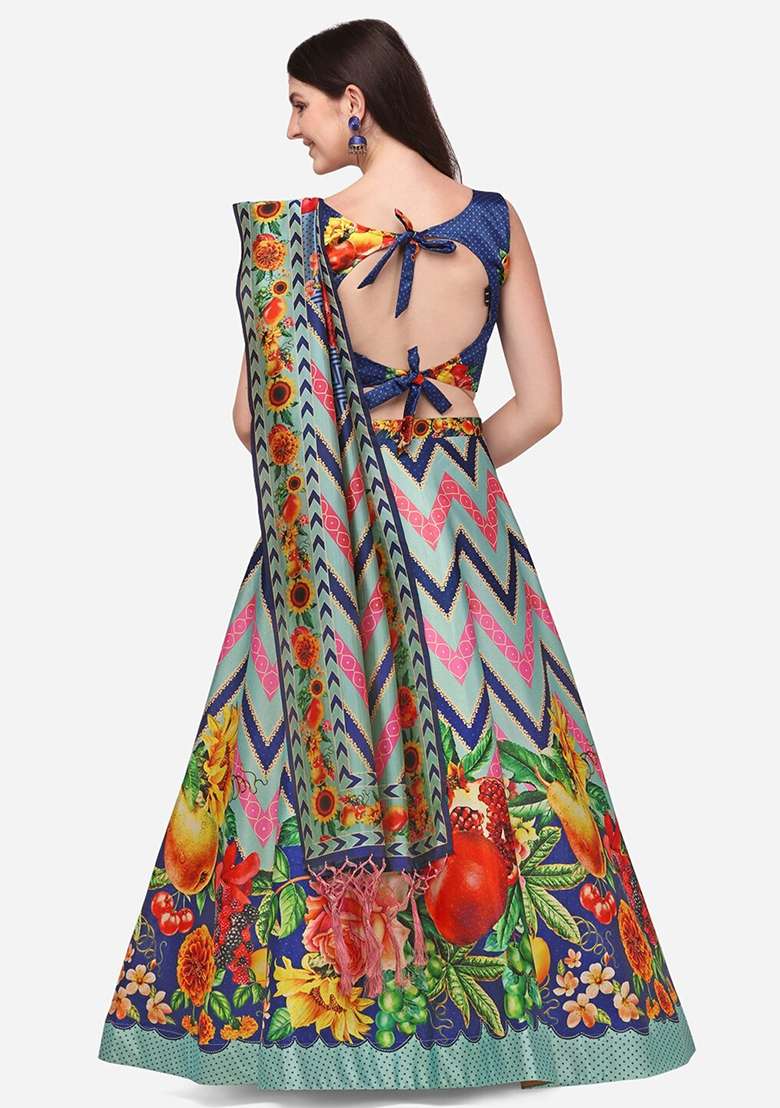 Sky Blue Printed Art Silk Lehenga Set - Indya