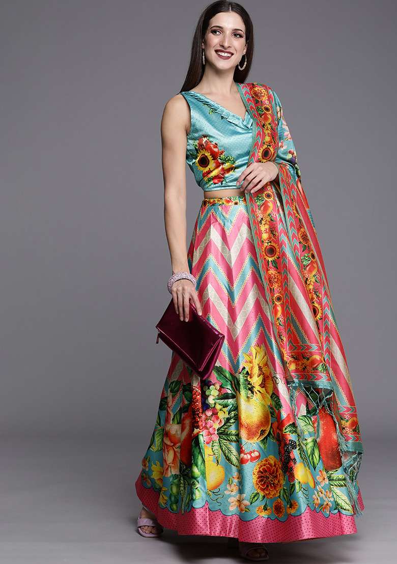 Pink Printed Art Silk Lehenga Set - Indya