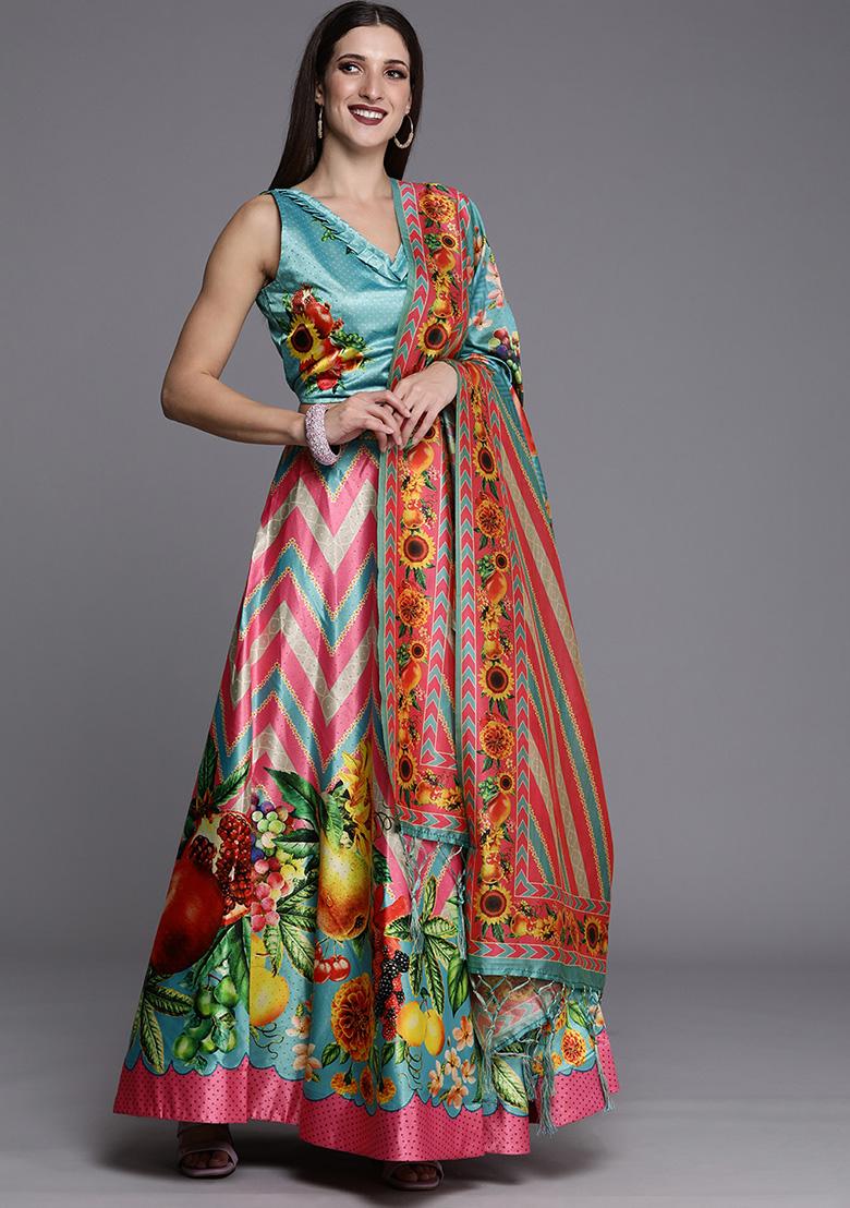 Pink Printed Art Silk Lehenga Set