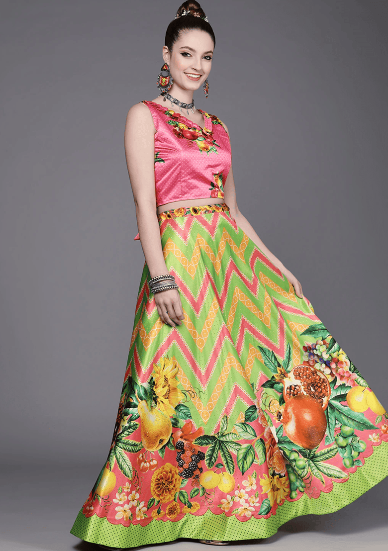 Green Printed Art Silk Lehenga Set