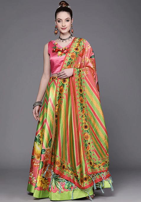 Green Printed Art Silk Lehenga Set