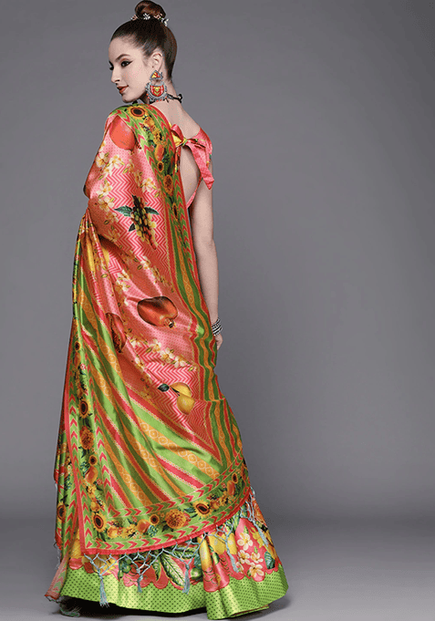 Green Printed Art Silk Lehenga Set