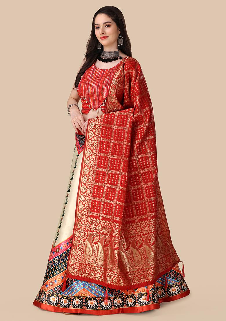 Cream Printed Art Silk Lehenga Set