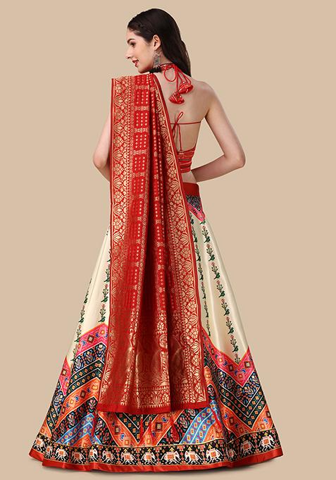 Cream Printed Art Silk Lehenga Set