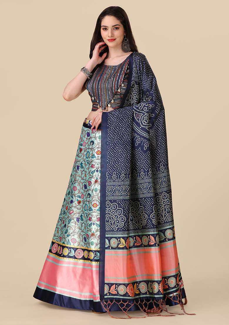 Multicolor Printed Art Silk Lehenga Set - Indya