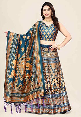 Teal Blue Printed Art Silk Lehenga Set