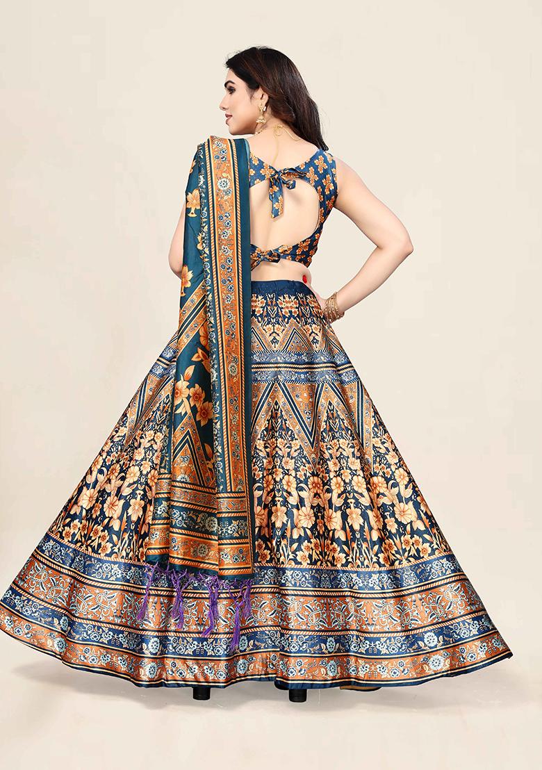 Teal Blue Printed Art Silk Lehenga Set